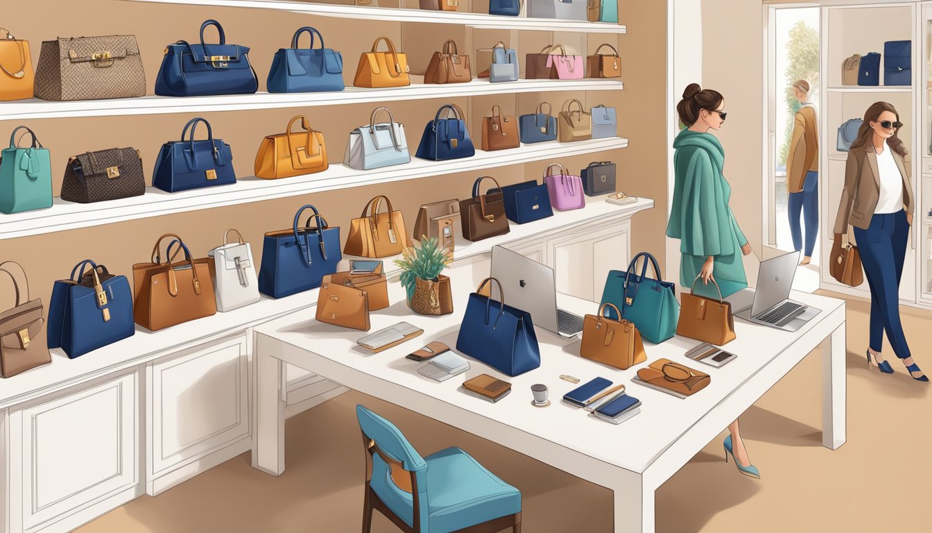 Customers browsing luxury items online, with a focus on Hermes products. Display of various items, such as bags, scarves, and accessories
