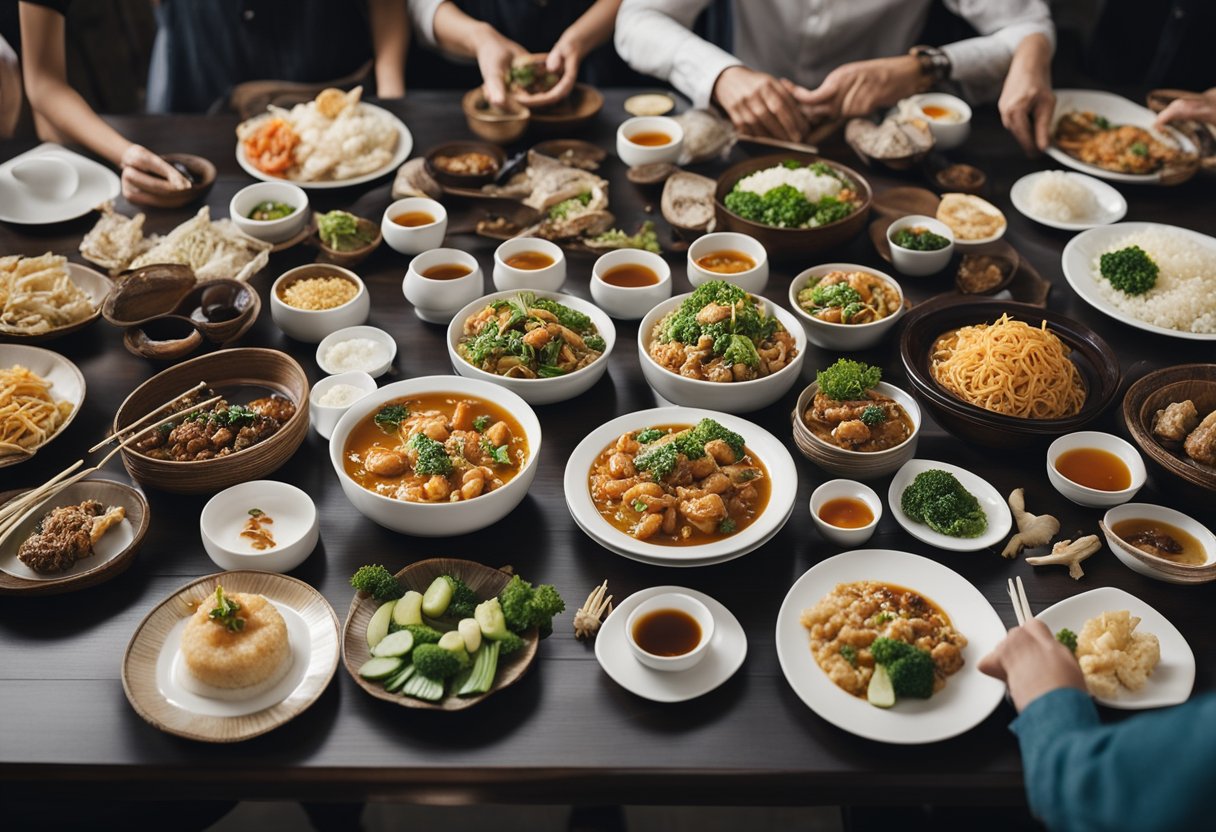 A table set with various traditional Chinese vegetarian dishes, surrounded by people with curious expressions