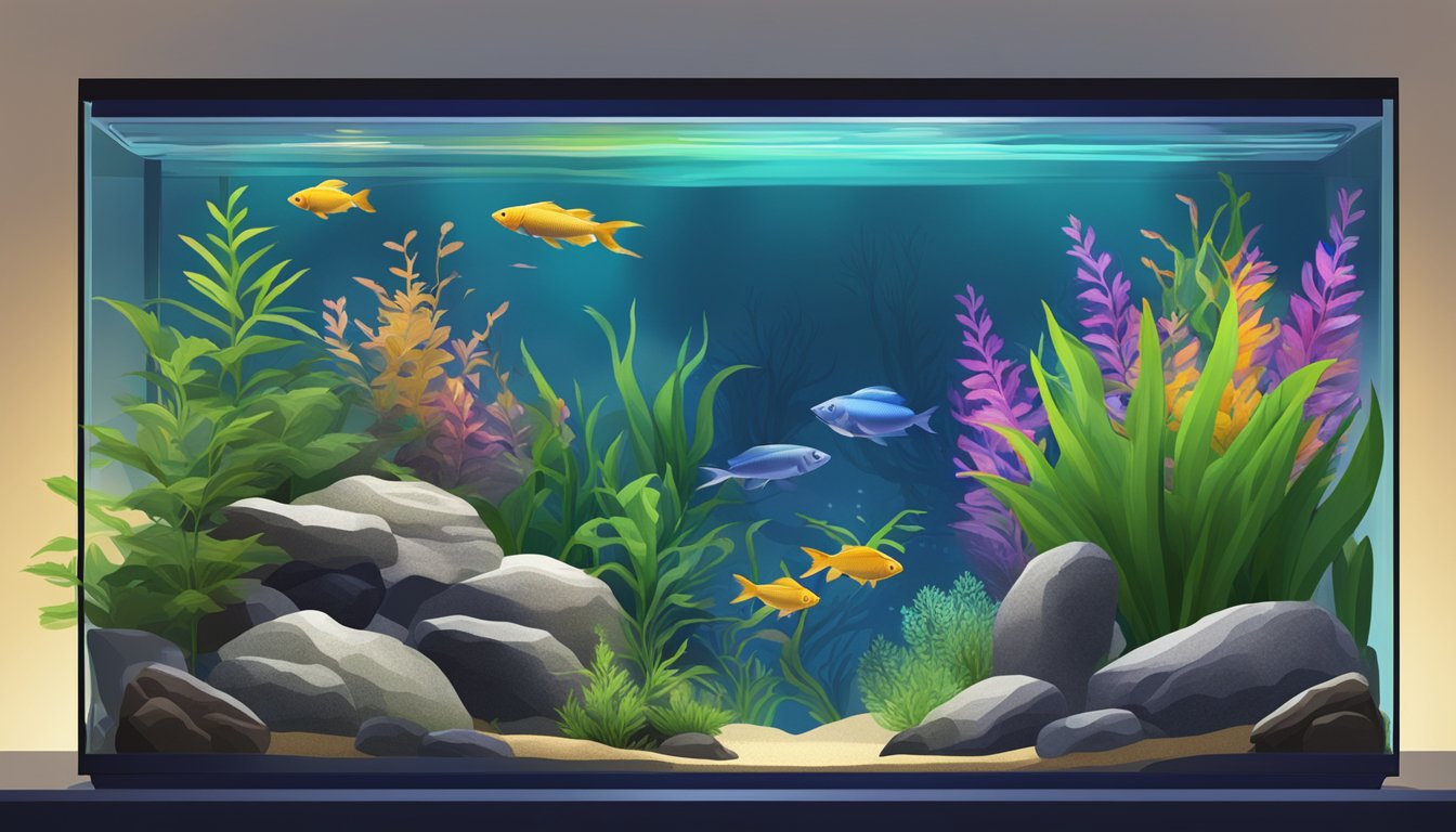 A serene home aquarium with garra rufa fish swimming among colorful plants and smooth rocks, illuminated by soft, ambient lighting
