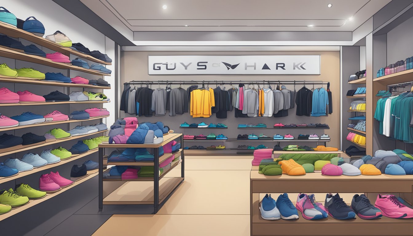 A bustling gym apparel store in Singapore with prominent Gymshark branding, shelves stocked with products, and customers browsing