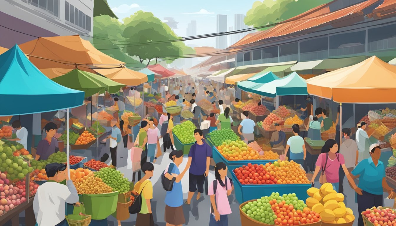A bustling market in Singapore, with colorful fruit baskets piled high, surrounded by eager shoppers and vendors