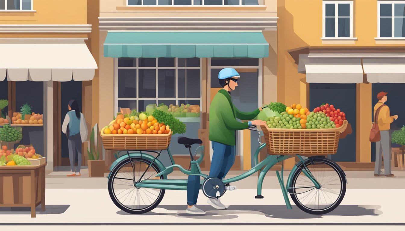 A customer selects a fruit basket from a display at a market stall. A delivery person loads the basket onto a bicycle for transport
