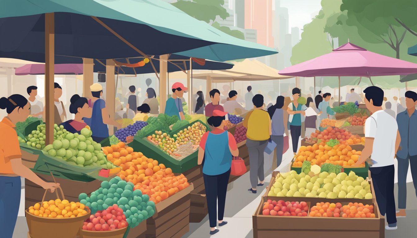 A bustling market stall with colorful fruit baskets displayed, surrounded by eager customers in Singapore