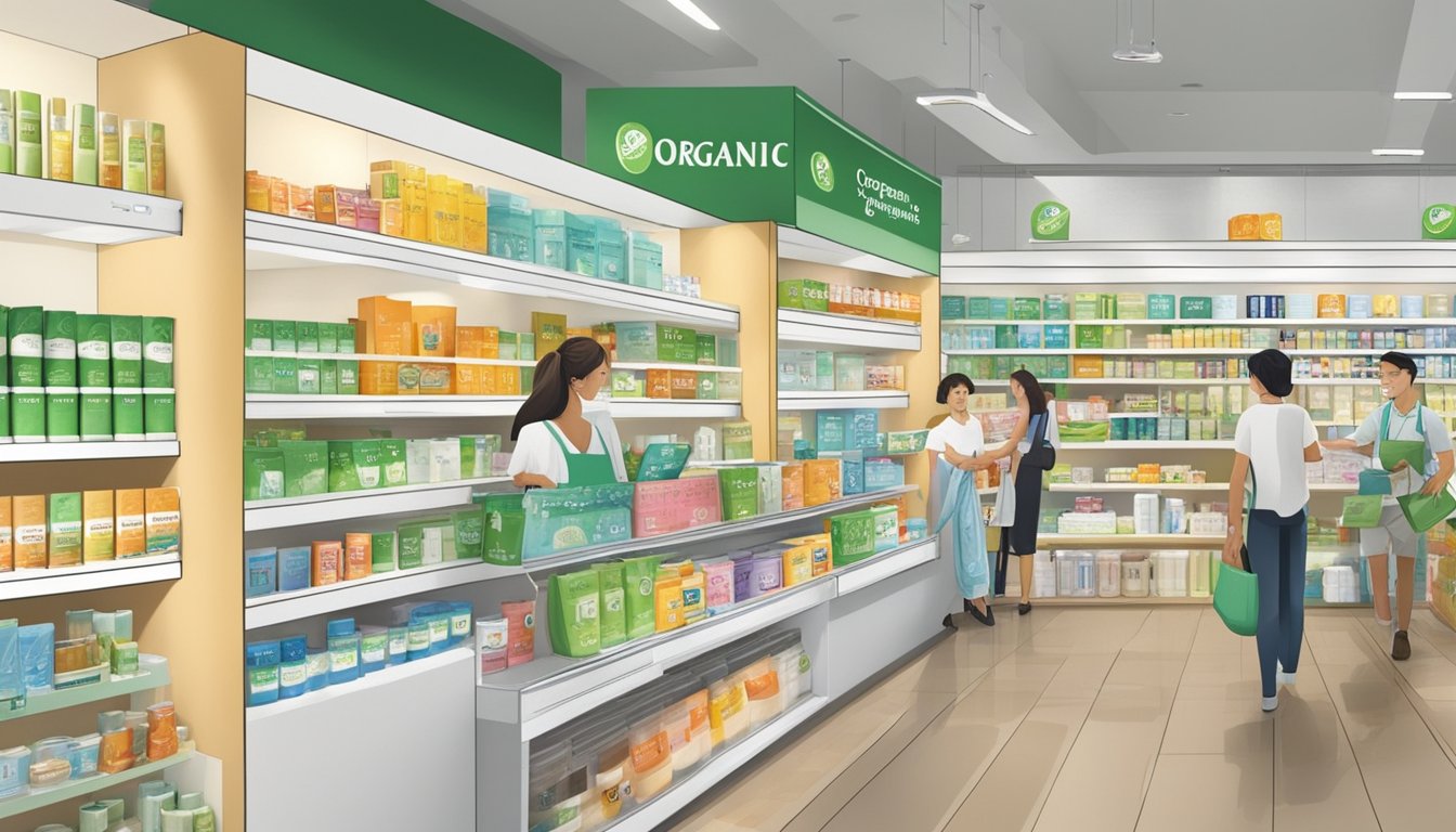 A bustling organic store in Singapore displays various brands of organic toothpaste on its shelves. Customers browse and compare products while a knowledgeable staff member assists with inquiries