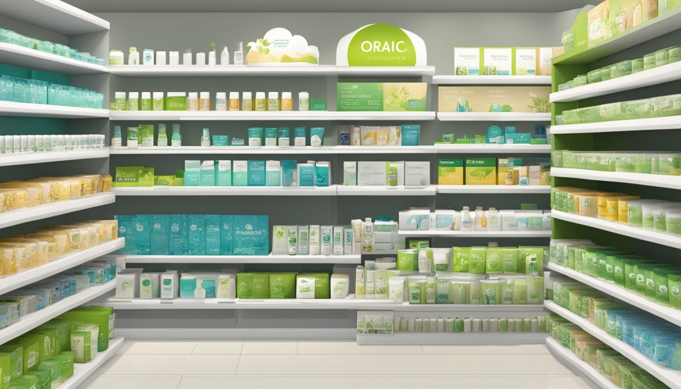 A display of organic toothpaste on a shelf in a modern Singaporean store. Bright, clean packaging and natural ingredients are emphasized