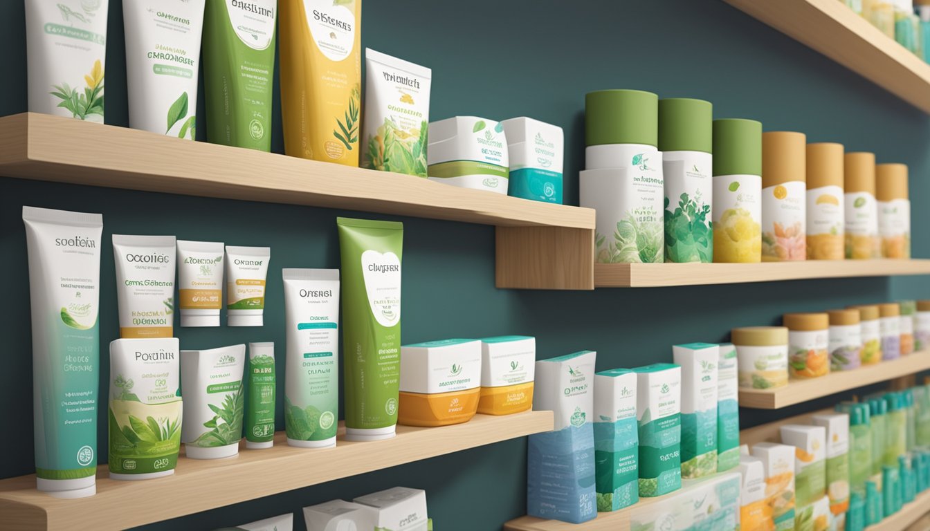 A vibrant display of organic toothpaste tubes with natural ingredients, prominently labeled with benefits. A diverse range of options neatly arranged on a shelf in a modern, eco-friendly store in Singapore