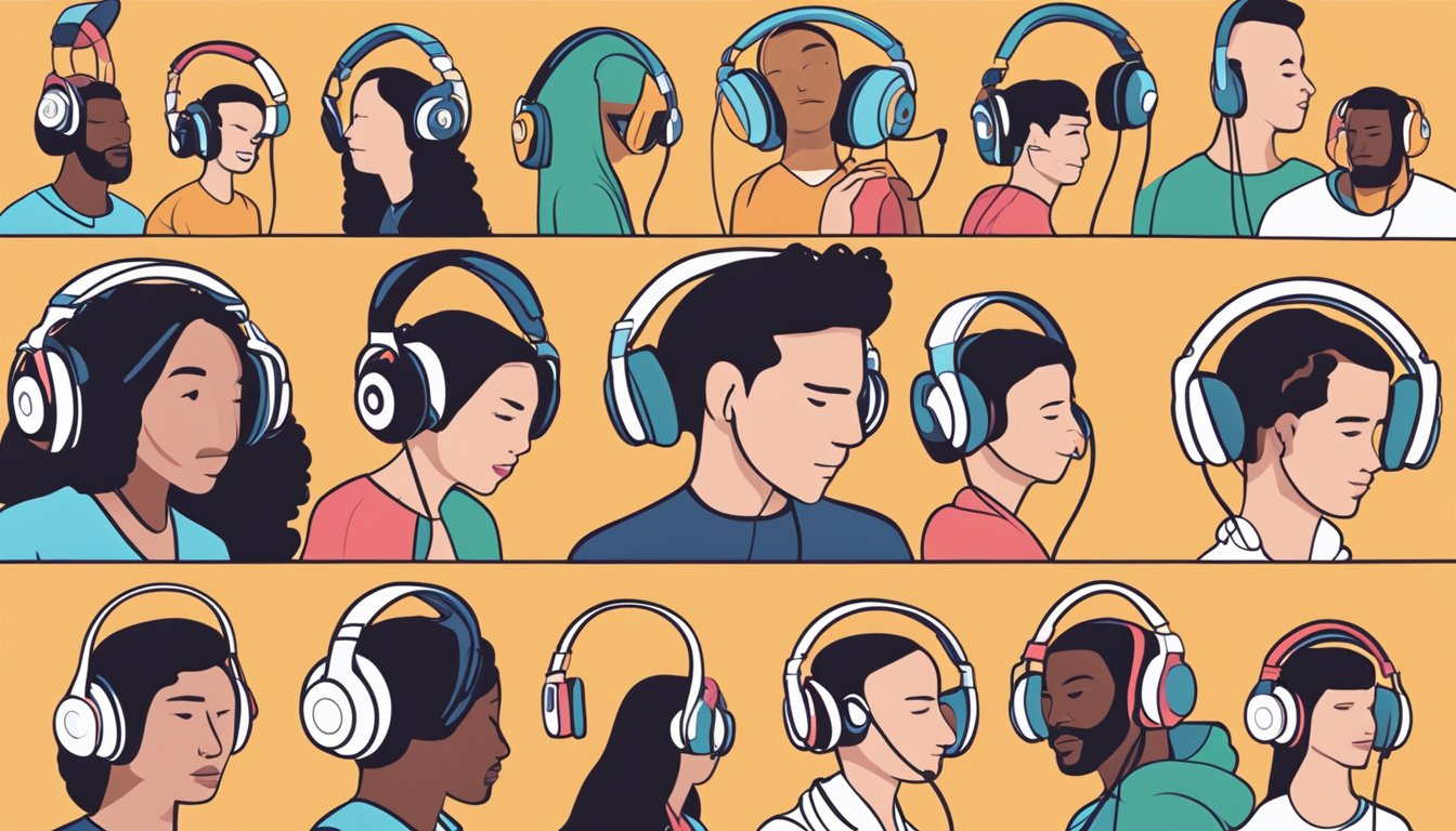 A person browsing a wide selection of headphones online, with various styles and features displayed on the screen