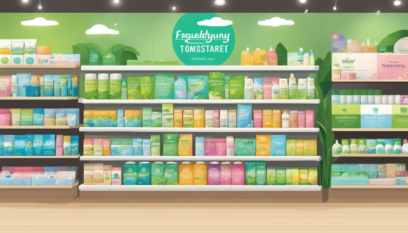 A display of organic toothpaste on a shelf in a Singaporean store, with a sign reading "Frequently Asked Questions: Where to buy organic toothpaste in Singapore."