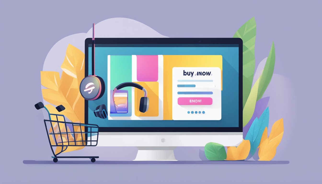 A computer screen displaying an online store with a pair of headphones in the shopping cart and a "Buy Now" button highlighted
