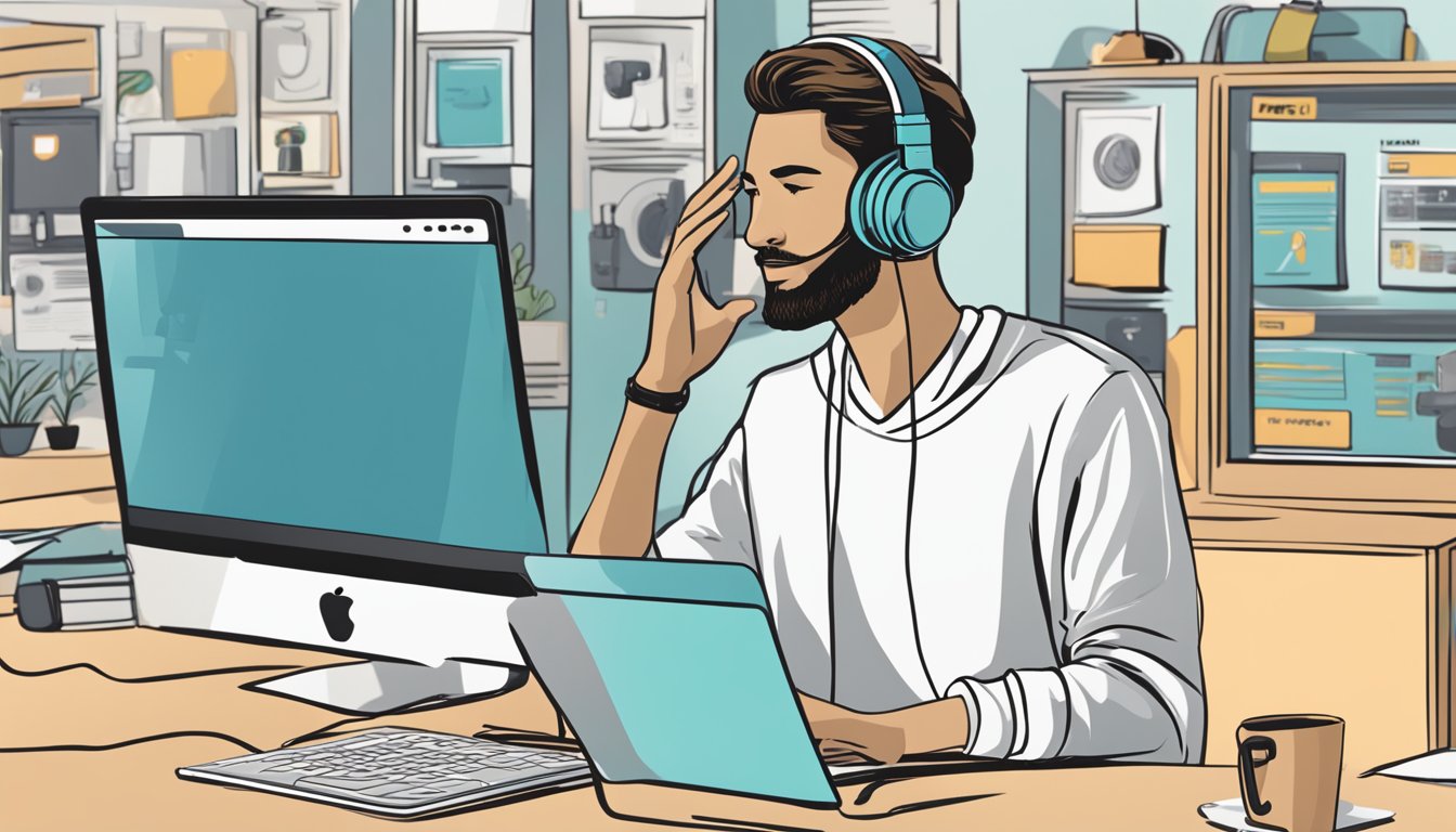 Customers browsing headphones online, with a variety of options and prices. Product images, reviews, and a "Frequently Asked Questions" section visible on the screen