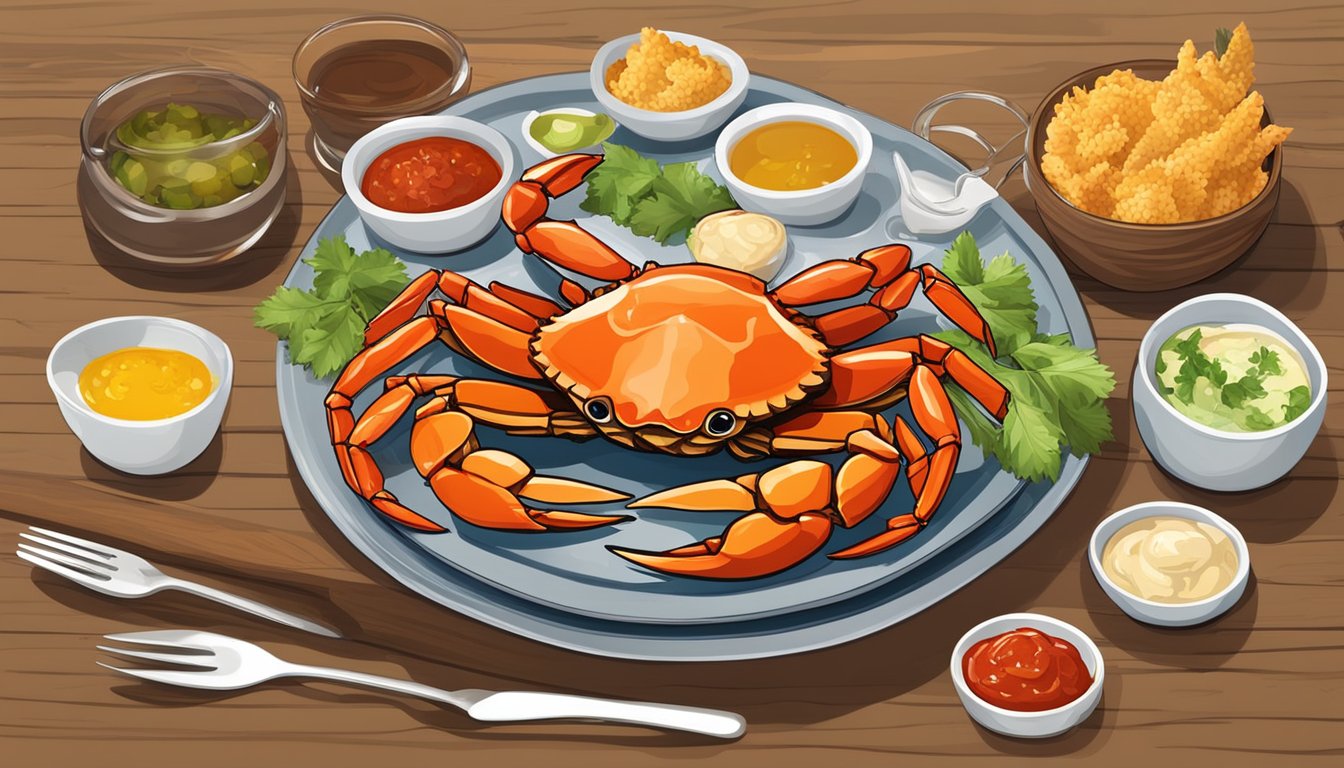 A table set with a wooden crab-shaped dish filled with marinated crab, surrounded by various condiments and utensils