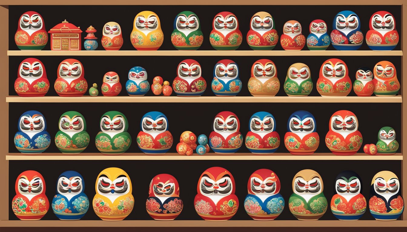 A colorful display of Daruma dolls in a Singaporean shop, with various sizes and designs available for purchase