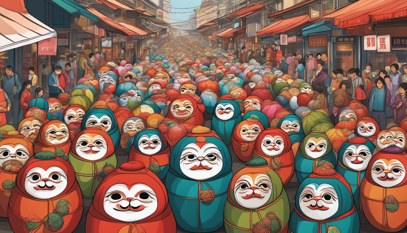 A bustling market in Singapore showcases vibrant Daruma dolls, attracting eager shoppers