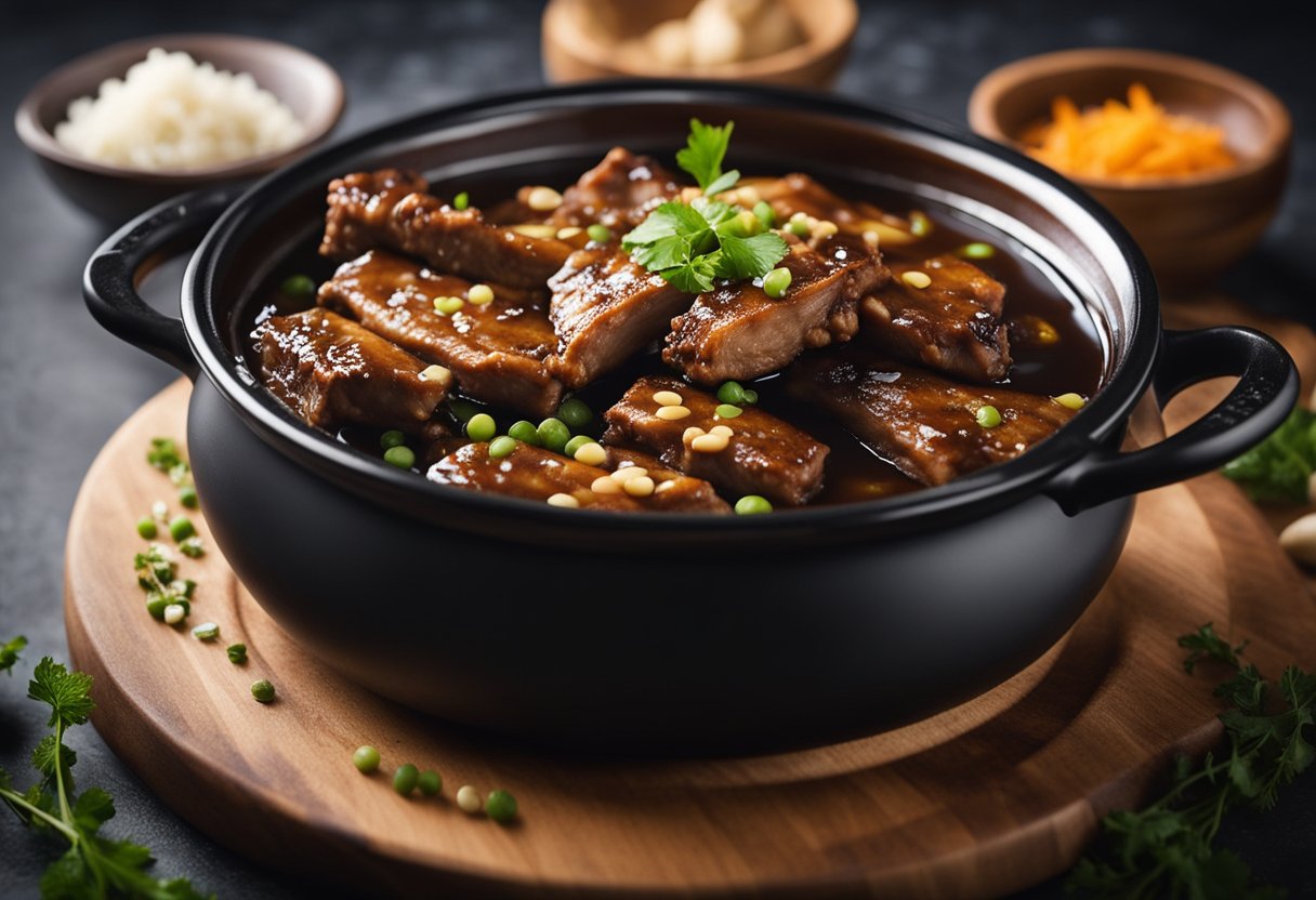 Pork ribs simmer in soy sauce, ginger, and garlic. Steam rises from the bubbling pot, filling the kitchen with savory aromas