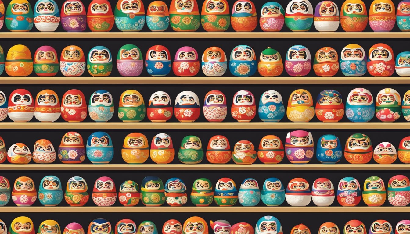 A display of colorful Daruma dolls in a traditional Japanese shop in Singapore. Shelves are lined with various sizes and designs, attracting customers
