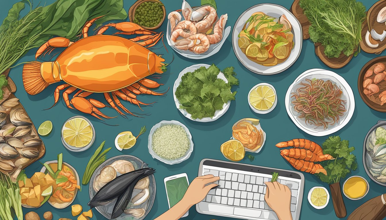 A table with a laptop displaying "Frequently Asked Questions buy ganjang gejang online" surrounded by various seafood ingredients