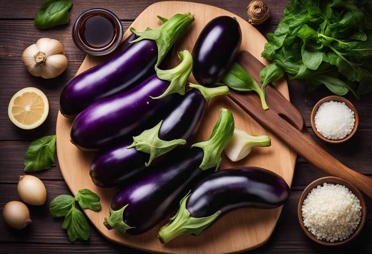 Fresh eggplants, garlic, ginger, and soy sauce on a wooden cutting board. A wok sizzles with stir-fried eggplant and colorful veggies