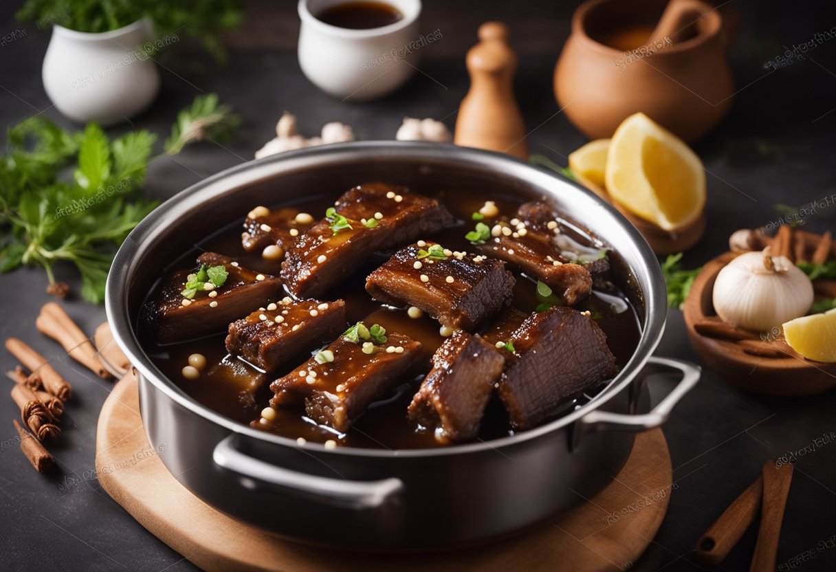 A pot of simmering pork ribs in soy sauce, ginger, and star anise. Steam rises, filling the kitchen with savory aroma