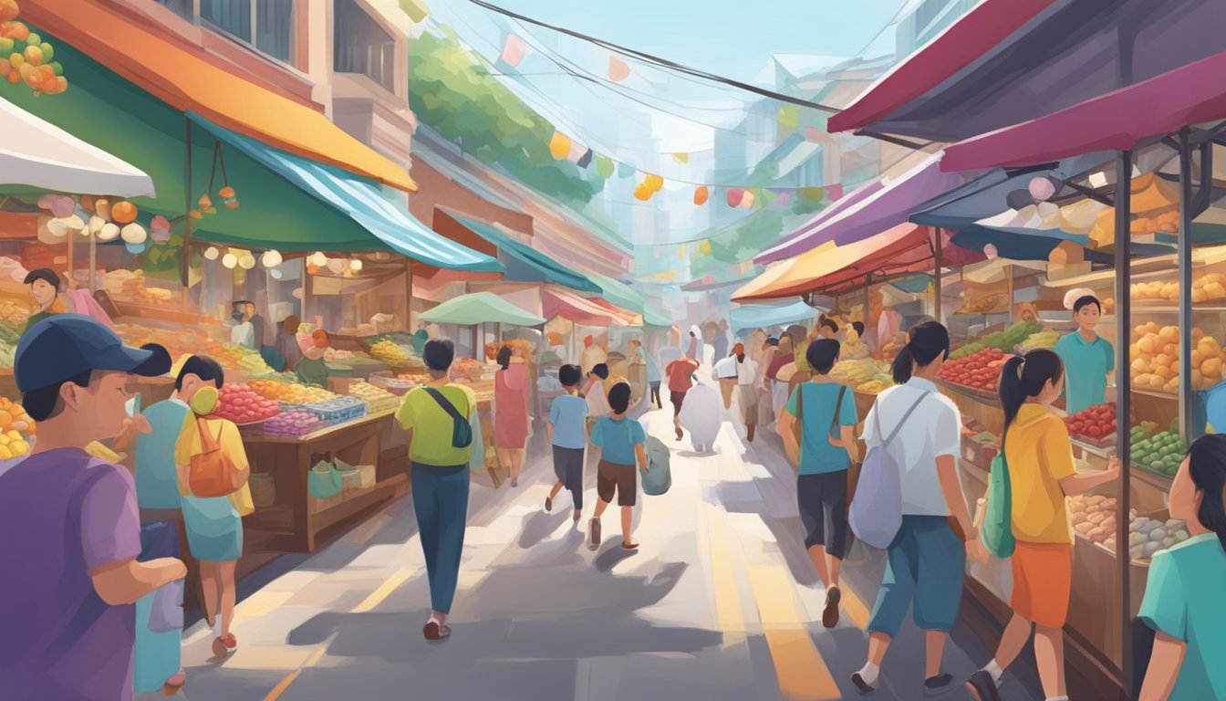 A cute bunny hops through a bustling market in Singapore, surrounded by colorful stalls and curious onlookers