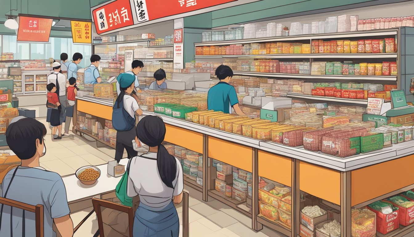 A bustling Asian market with shelves of ippudo instant ramen packets, vibrant signage, and a busy cashier in Singapore