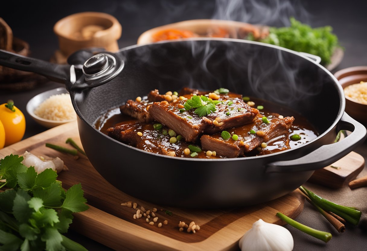 Chinese pork ribs sizzling in a hot pan, surrounded by aromatic spices and simmering in a rich, savory braising liquid