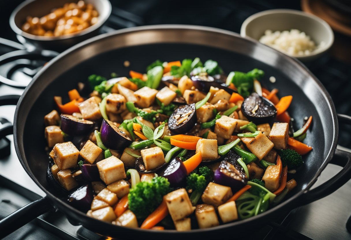 A wok sizzles as diced eggplant, tofu, and vibrant vegetables are stir-fried with aromatic garlic, ginger, and soy sauce in a bustling Chinese kitchen