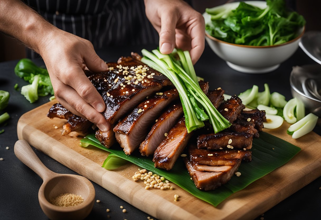 The chef places the tender, glazed pork ribs on a bed of vibrant green bok choy, garnishing with sesame seeds and sliced scallions