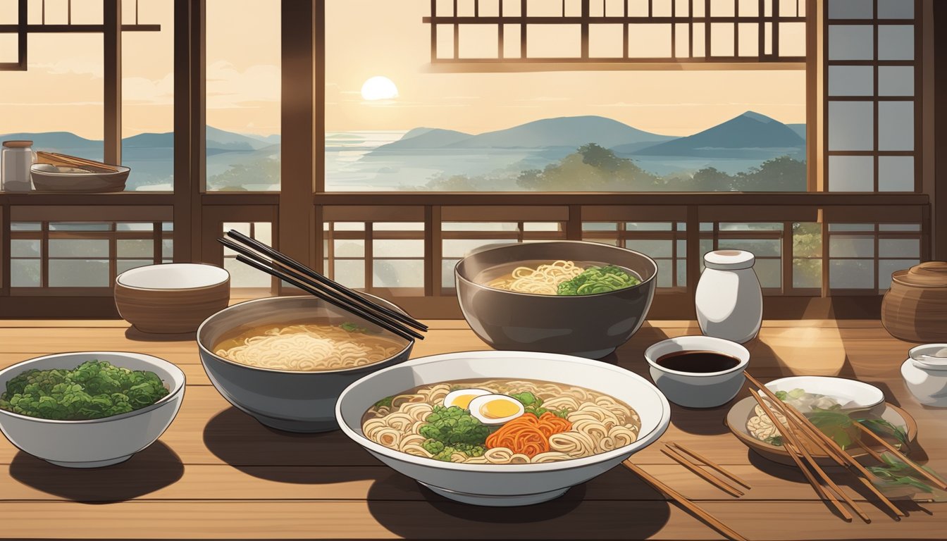 A steaming bowl of Ippudo instant ramen sits on a wooden table, surrounded by chopsticks and a spoon. The room is filled with the aroma of rich broth and savory toppings, creating a cozy and inviting atmosphere