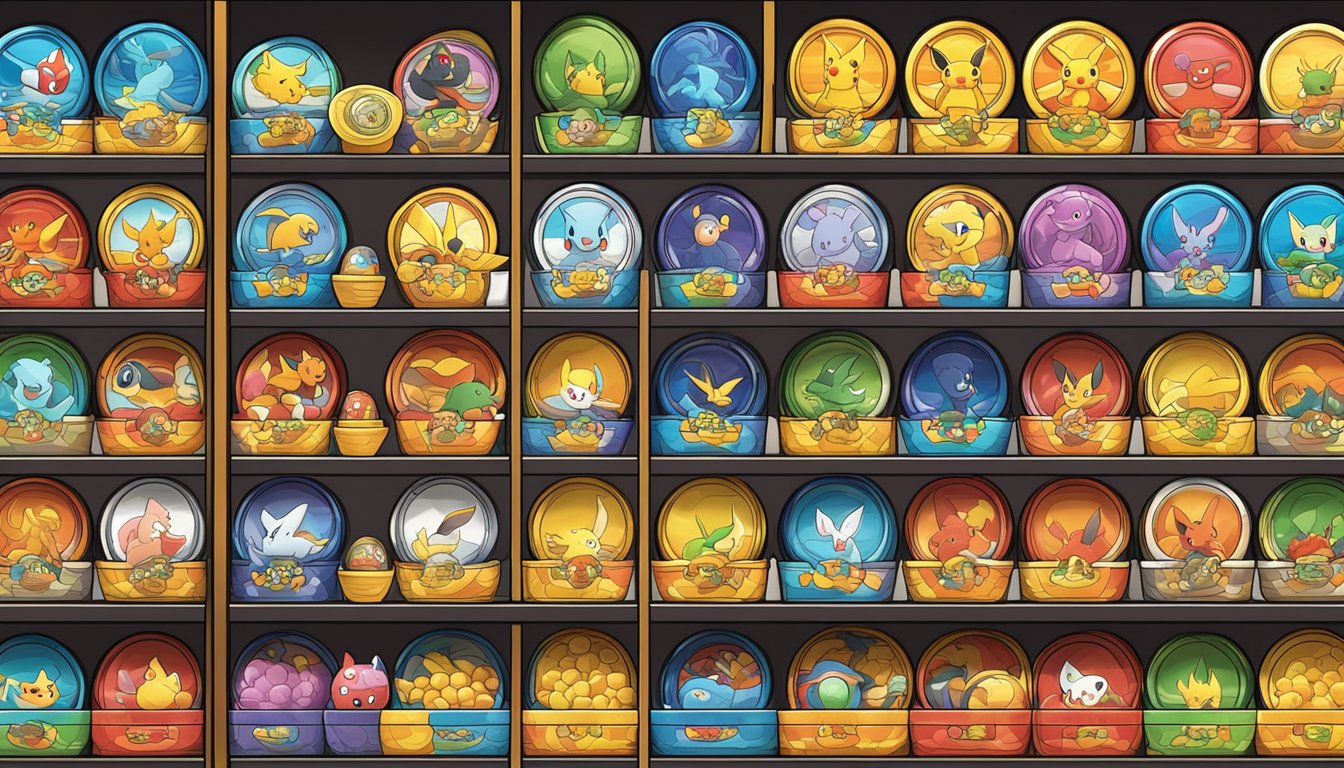 A colorful display of Pokemon Tretta chips in a Singaporean store, with various characters and designs, neatly arranged on shelves or in a glass case