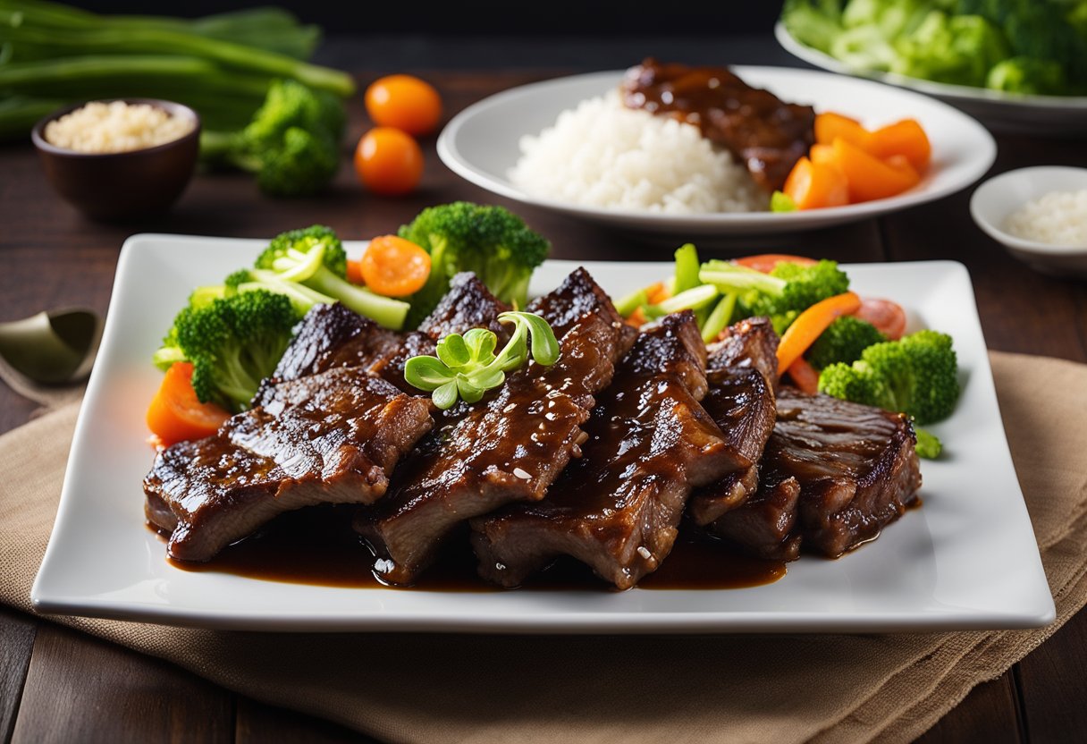 A platter of succulent Chinese pork ribs braised in a rich, savory sauce, surrounded by vibrant, steamed vegetables and a bowl of fluffy white rice