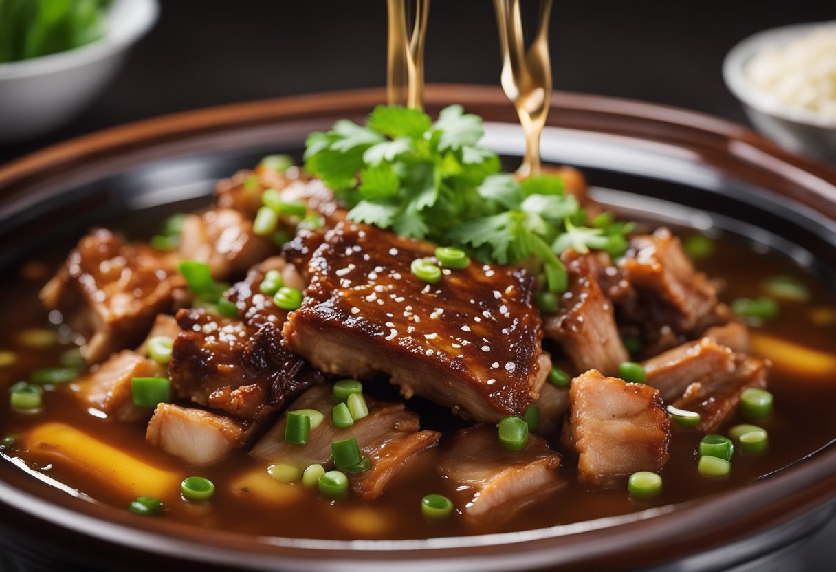 A pot filled with simmering Chinese pork ribs in a rich, savory braising liquid, surrounded by aromatic ingredients like ginger, garlic, and green onions