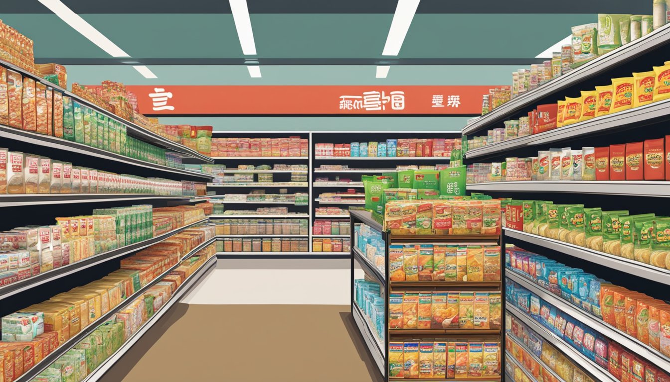 A bustling Singaporean grocery store aisle with shelves stocked with various instant ramen brands, including prominently displayed Ippudo instant ramen packets