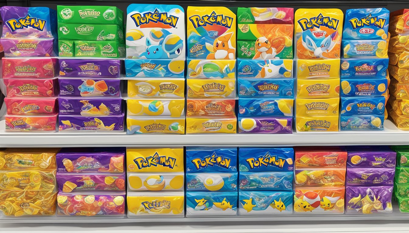 A colorful display of Pokémon Tretta chips at a Singaporean store, with various flavors and packaging options available for purchase