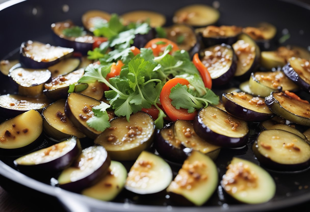 A wok sizzles with oil as eggplant slices are stir-fried with garlic, ginger, and soy sauce. The aroma of Chinese spices fills the air