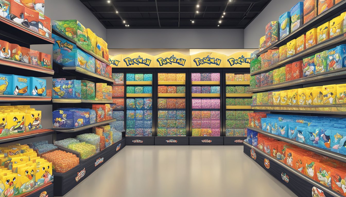 A display of Pokémon Tretta chips in a Singapore store, with various colorful designs and packaging