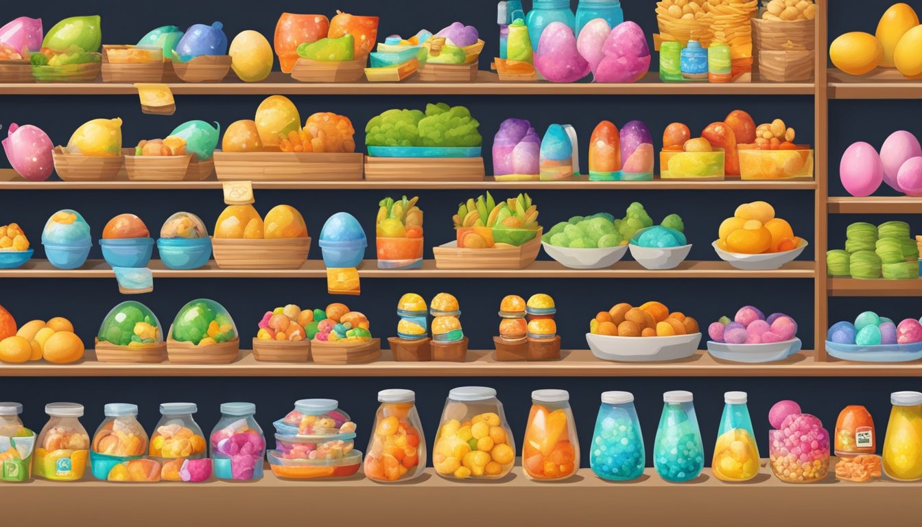 In a colorful Singaporean market, egg surprises are displayed on shelves, surrounded by vibrant toys and snacks. The bright packaging catches the eye of passersby