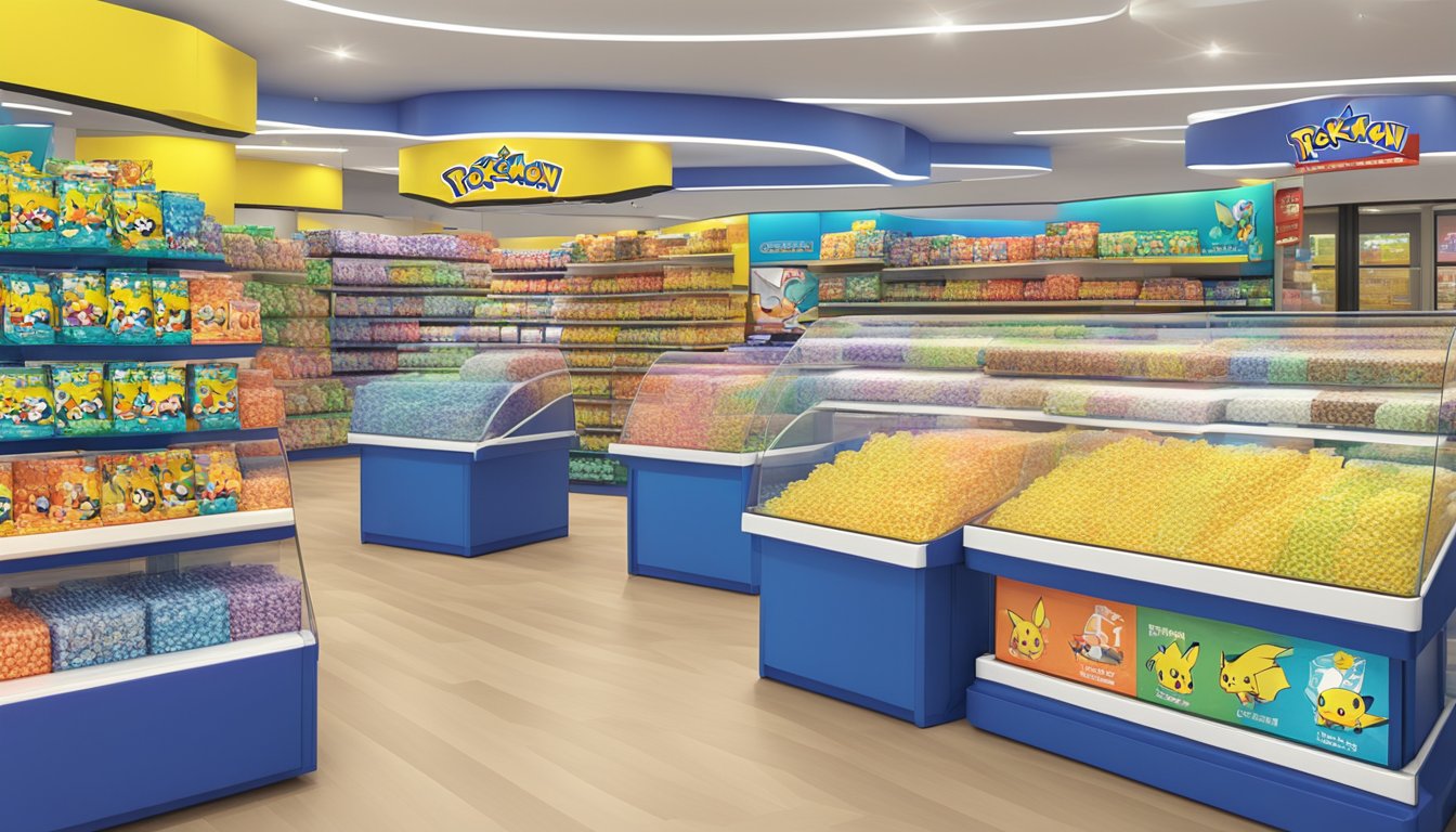 A display of Pokemon Tretta chips in a Singapore store, with colorful packaging and a prominent "Frequently Asked Questions" sign