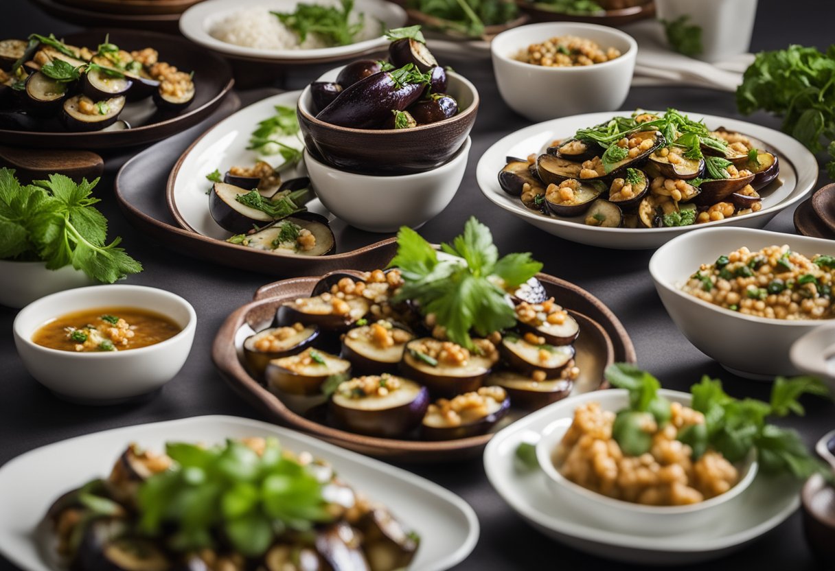 A table spread with various vegan Chinese eggplant dishes, garnished with fresh herbs and arranged on decorative serving platters