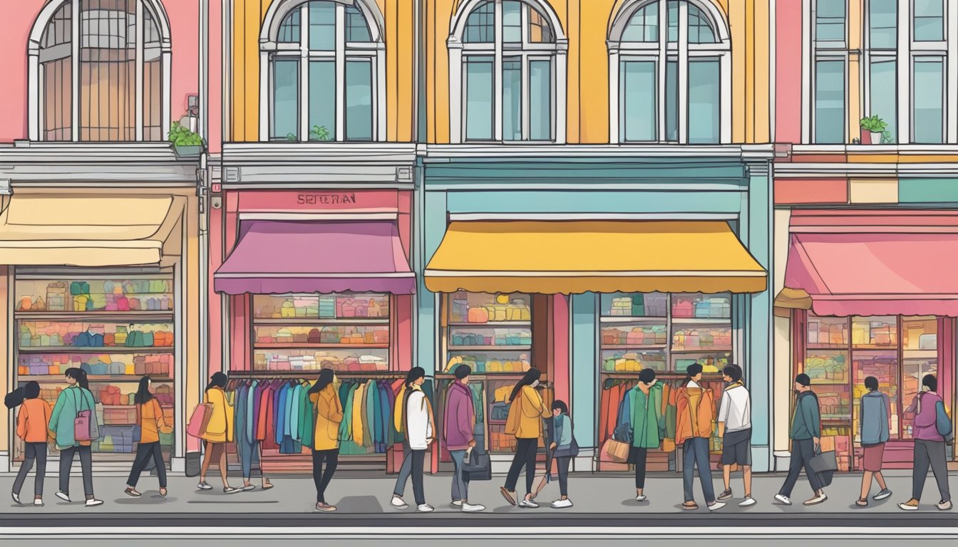 A bustling street in Singapore, lined with colorful storefronts displaying a variety of jackets for sale. Pedestrians browse the racks, while vendors call out their promotions