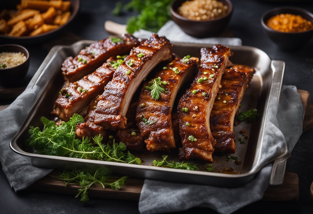 Pork ribs marinated in Chinese spices, placed on a baking tray, and roasted in the oven until golden and tender