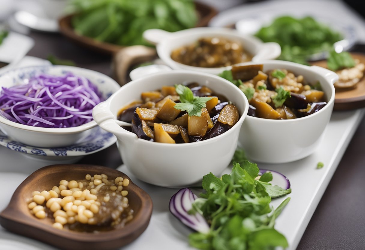 A table displays vegan Chinese eggplant dishes with nutritional info. No animal products visible. Text emphasizes dietary considerations