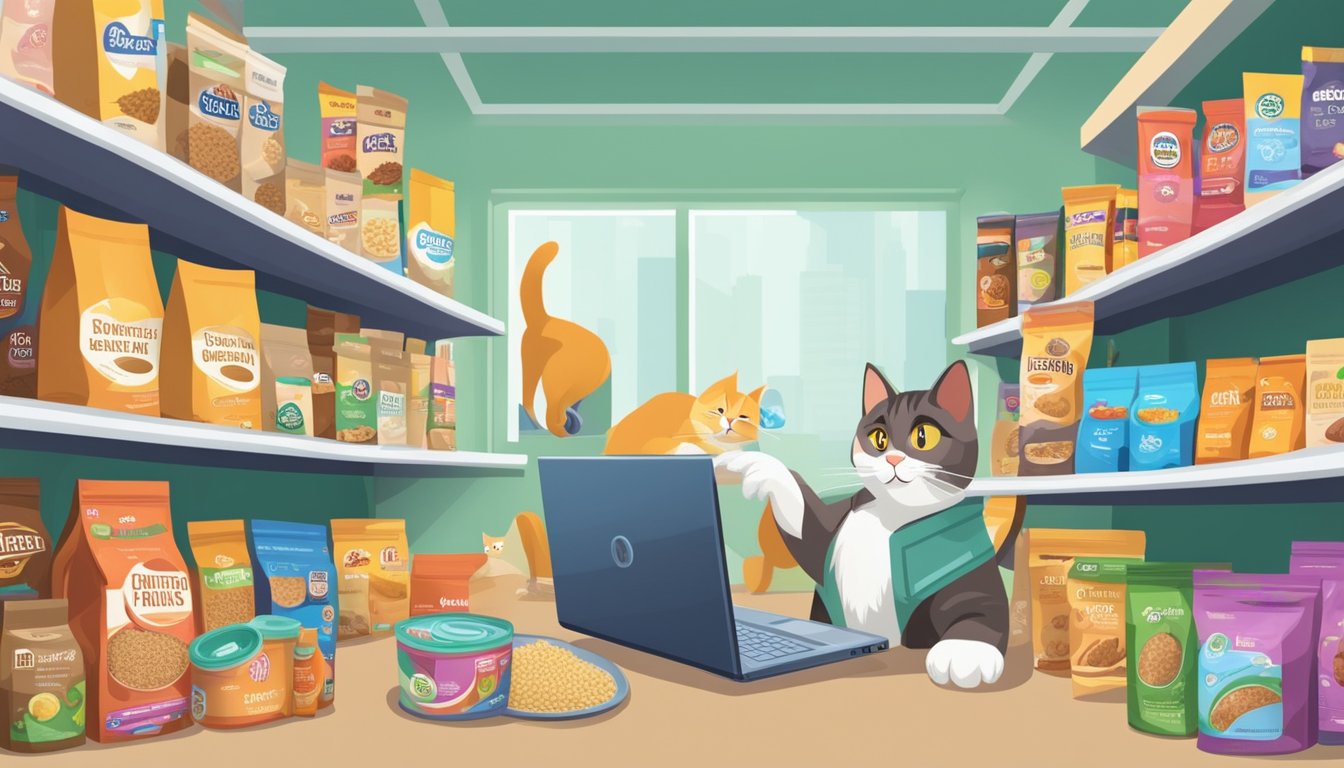 A hand reaches for a bag of cat food on a shelf, surrounded by various options and brands. The background includes a computer screen displaying an online pet store
