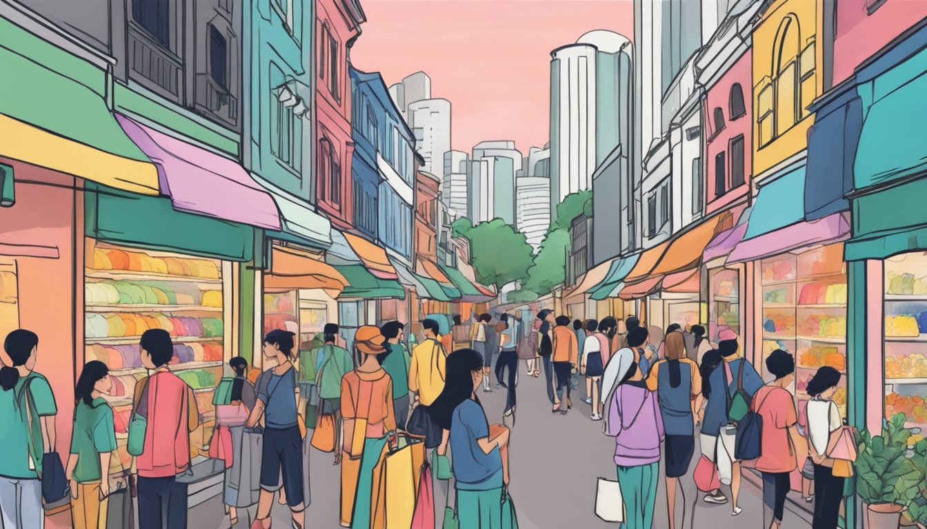 A bustling street in Singapore lined with colorful storefronts displaying a variety of stylish jackets. Shoppers browse through racks of outerwear, while vendors showcase their latest designs