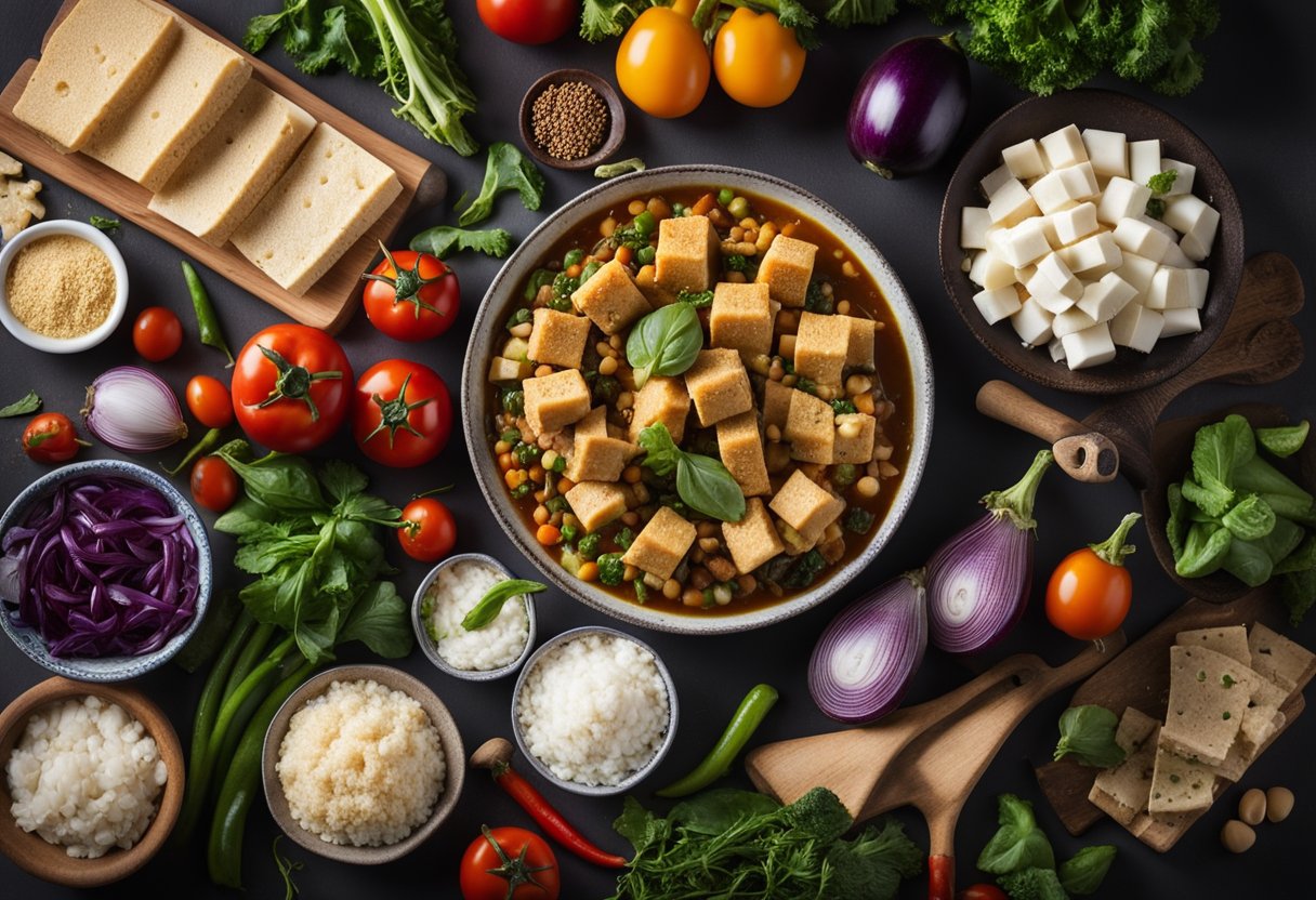 A table with a variety of colorful ingredients, including eggplant, tofu, and an assortment of vegetables, surrounded by cooking utensils and a recipe book
