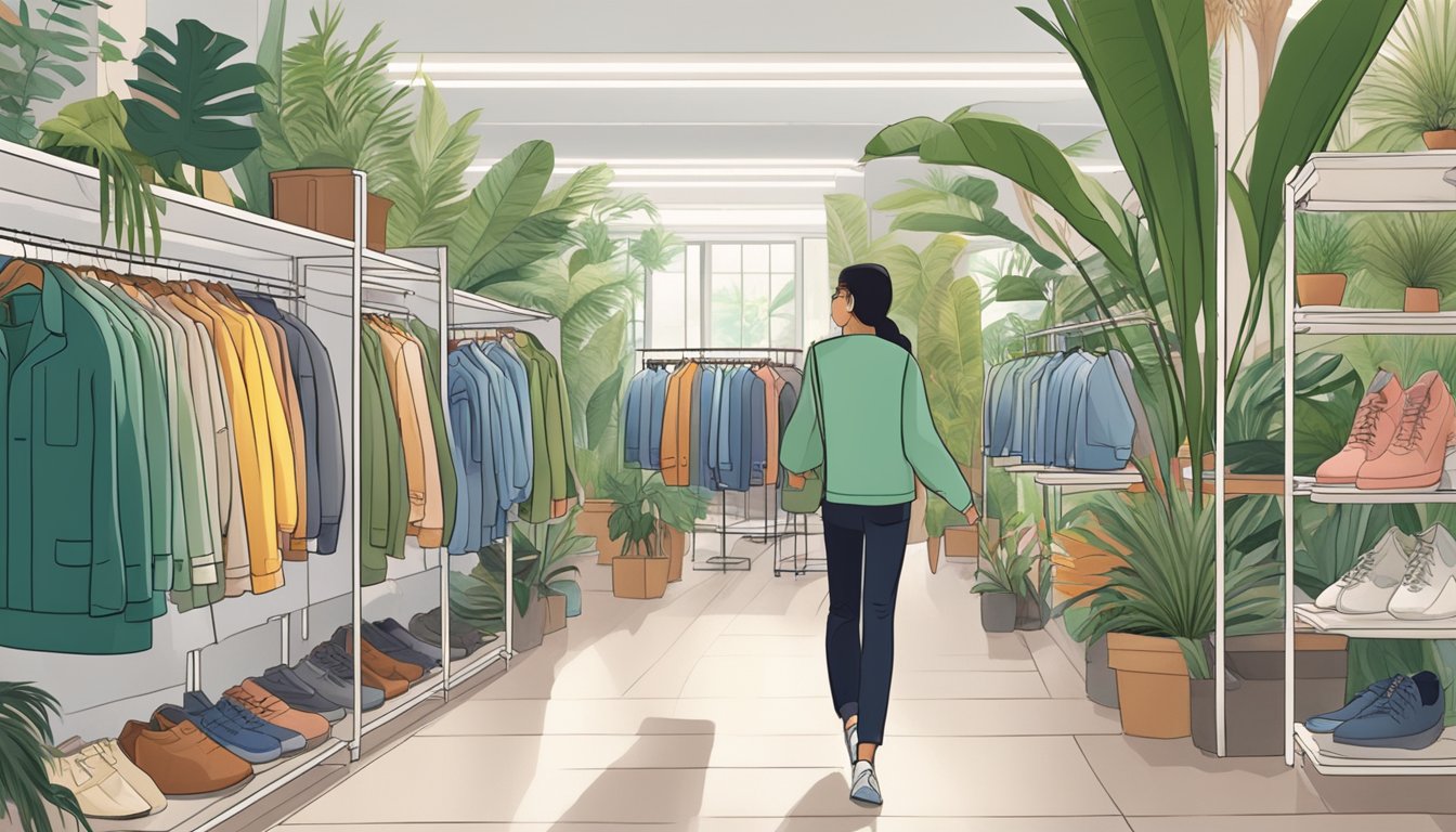 A customer browsing through racks of lightweight jackets in a Singapore store, with bright, airy decor and tropical plants adding to the ambiance