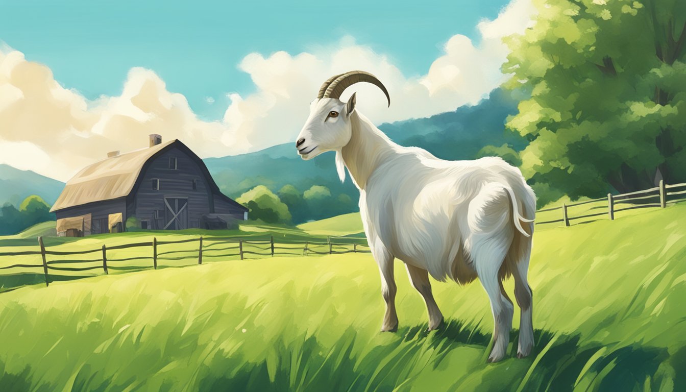 A serene goat grazing in a lush green pasture, with a clear blue sky overhead and a picturesque farm in the background