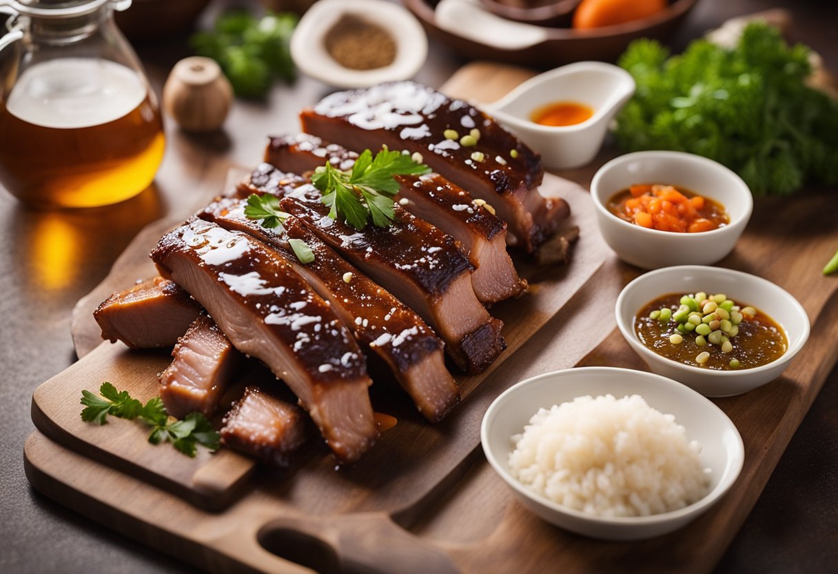 Marinating pork ribs in a Chinese marinade, with ingredients laid out on a kitchen counter