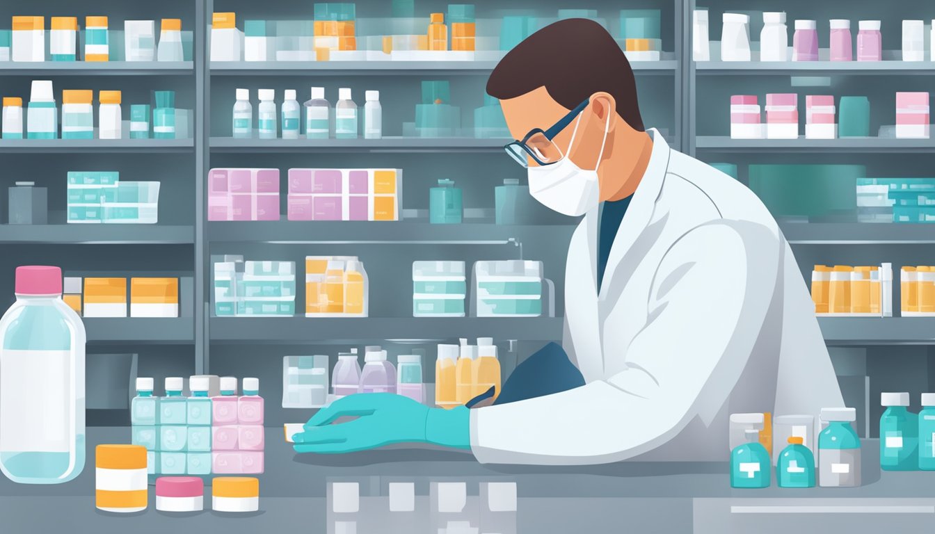A pharmacy technician prepares a package of HIV medication with a label indicating "Comprehensive Care and Follow-Up."