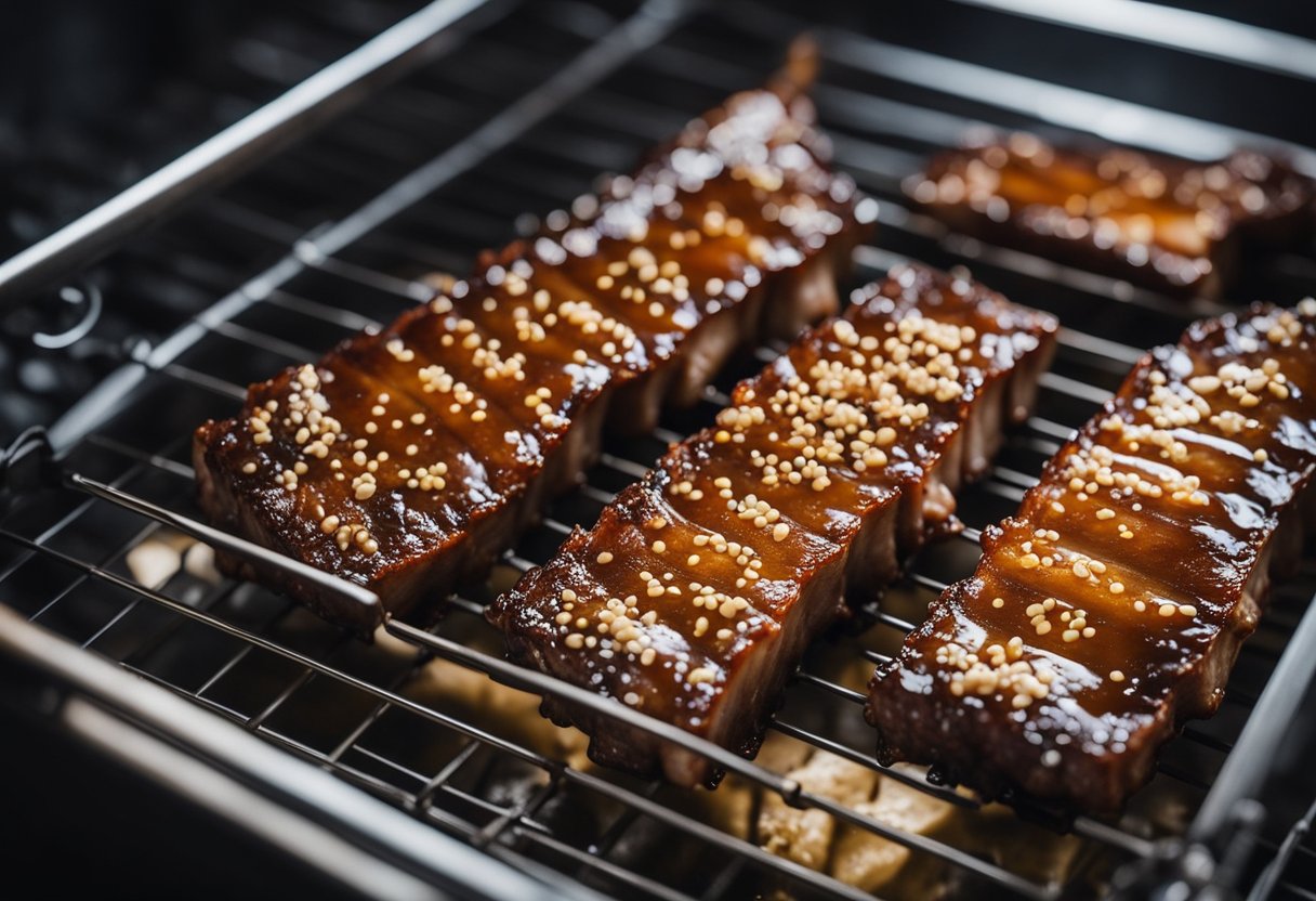 Chinese pork ribs marinating in soy sauce, ginger, and garlic. Placed on a wire rack in a preheated oven, with a glaze being brushed on