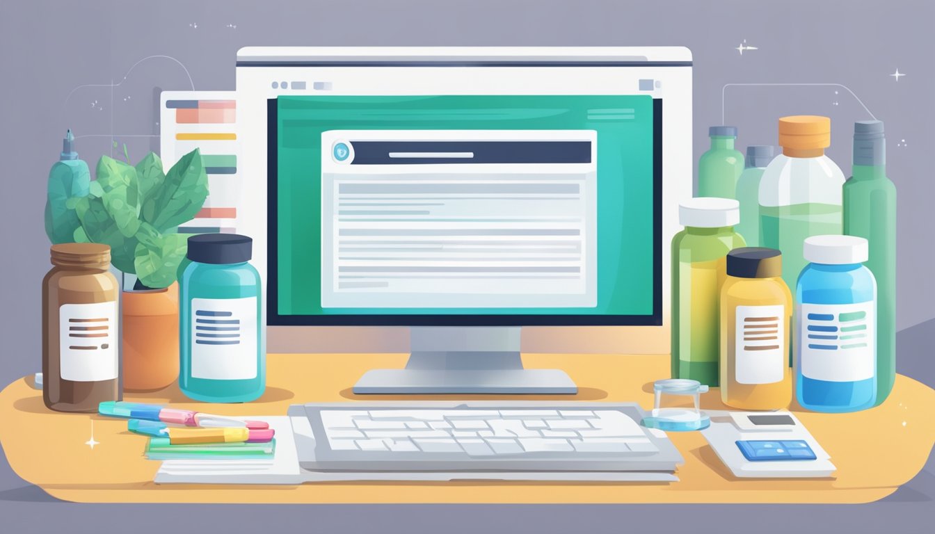 A computer screen with a webpage titled "Frequently Asked Questions: Buy HIV Medication Online" displayed, surrounded by medical bottles and prescription papers